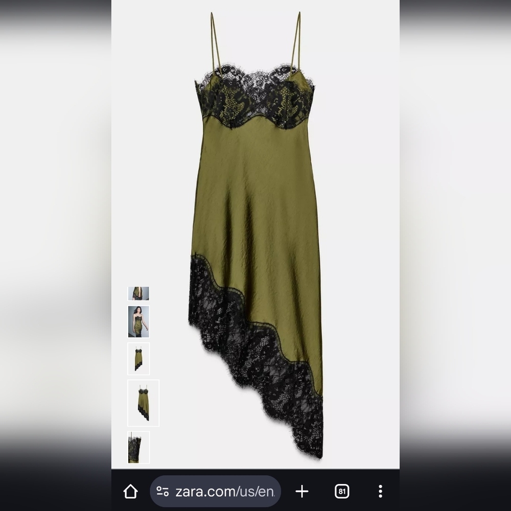 Zara Asymmetrical Green Dress with Black Lace - Picture 2 of 10